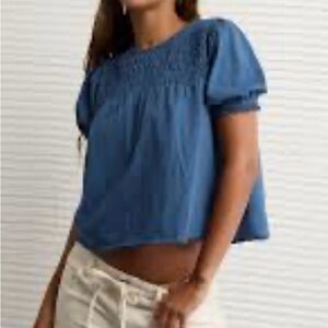 American Eagle Sunchaser Smocked Short Sleeve Blue Women's Top
